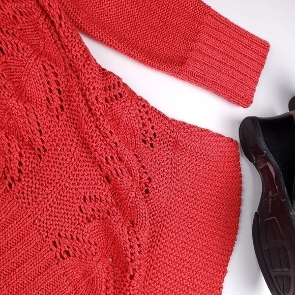 Chicos Red Coral Open Knit Cardigan Sz 1 (U.S. Med / 8) - Picture 8 of 14
